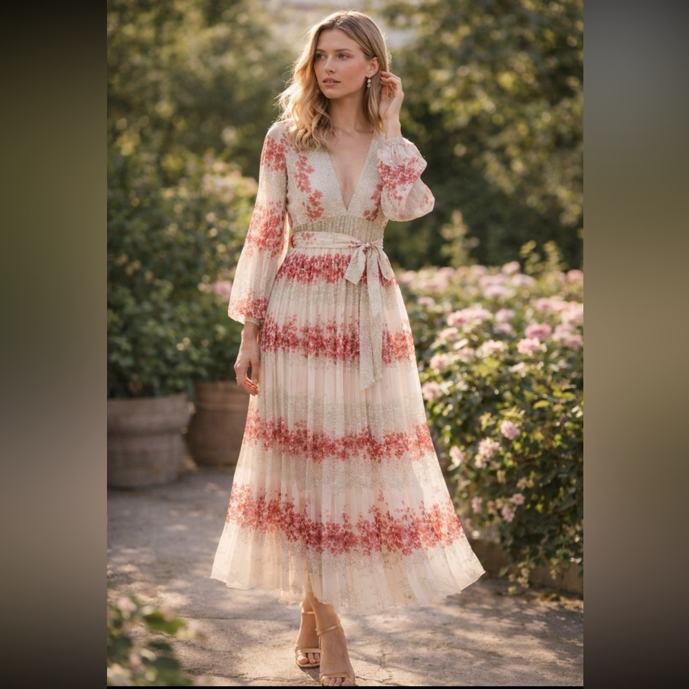 NWT RED Valentino Dreaming Peony Floral Muslin MIDI Dress in Neutrals Size 6
